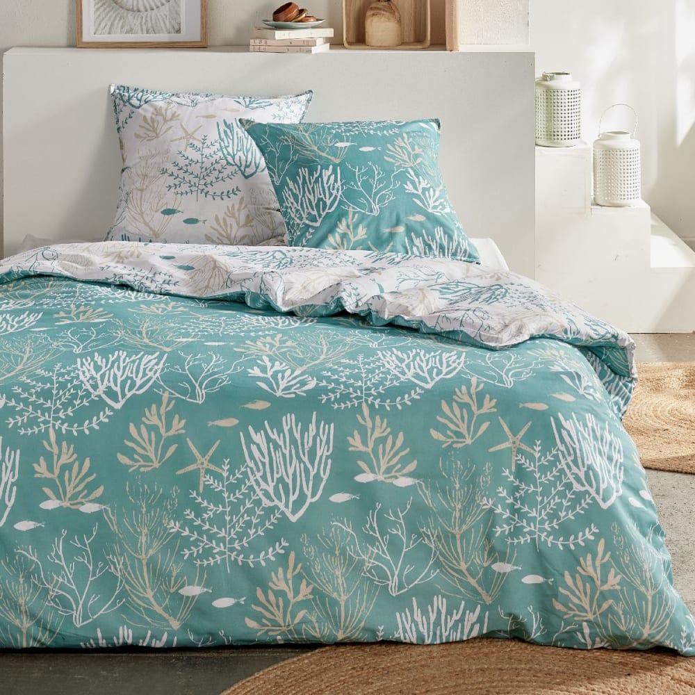 Parure de lit imprimé Floral coton  220x240cm Bleu foncé