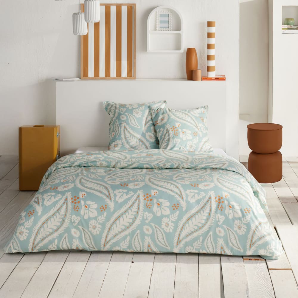 Parure de lit imprimé Floral coton  240x220cm Bleu