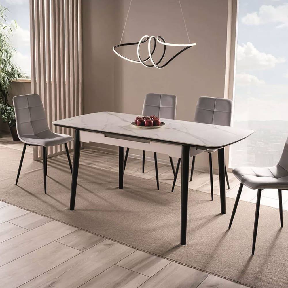 Esstisch ausziehbar aus Holz, 120-160x80x76cm, marmor weiß -
