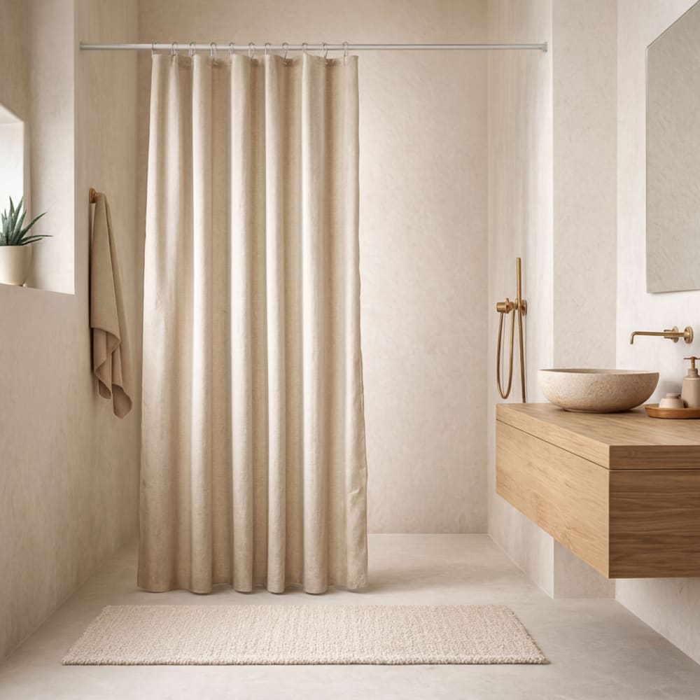 Rideau de douche  - effet lin crochets transparents polyester lin 180