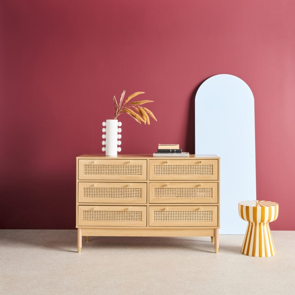 sweeek Kommode Holzdekor und Rattan-Geflecht 6 Schubladen naturfarben style vintage Beige Spanplatte