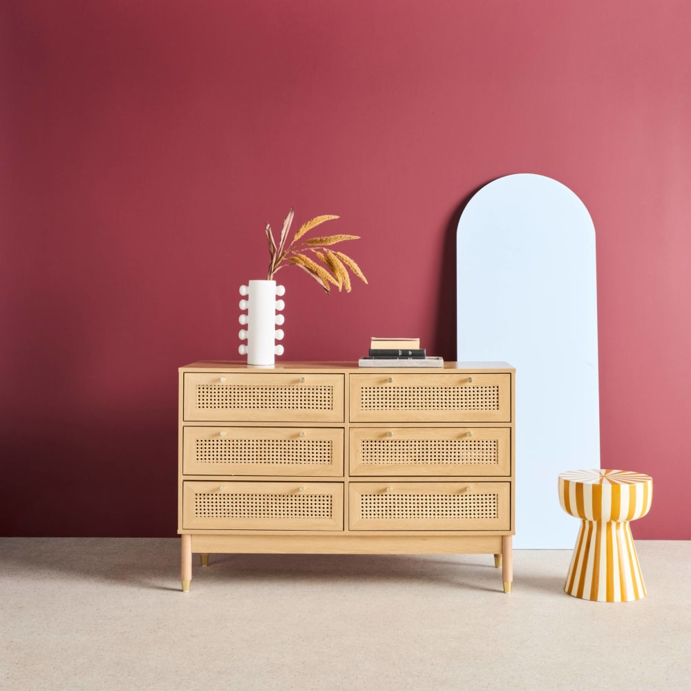 Commode décor bois et cannage 6 tiroirs teinte naturelle