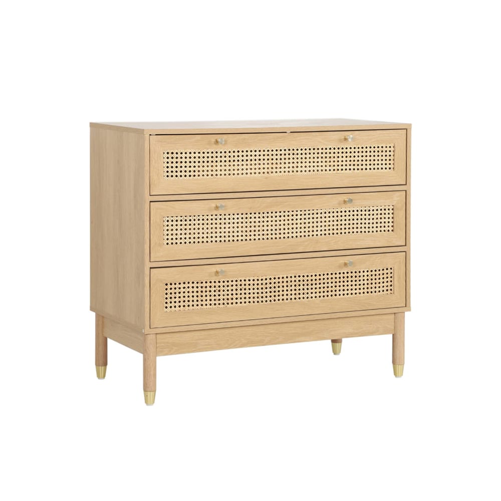 sweeek Kommode mit Holzdekor und Rattan-Geflecht, 3 Schubladen, naturfarben style landhaus Braun Holz