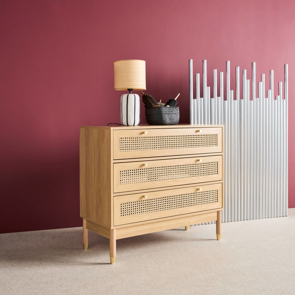 Commode décor bois et cannage 3 tiroirs teinte naturelle