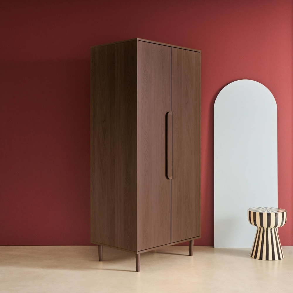 Armoire dressing décor bois de noyer 2 portes, étagères et penderie