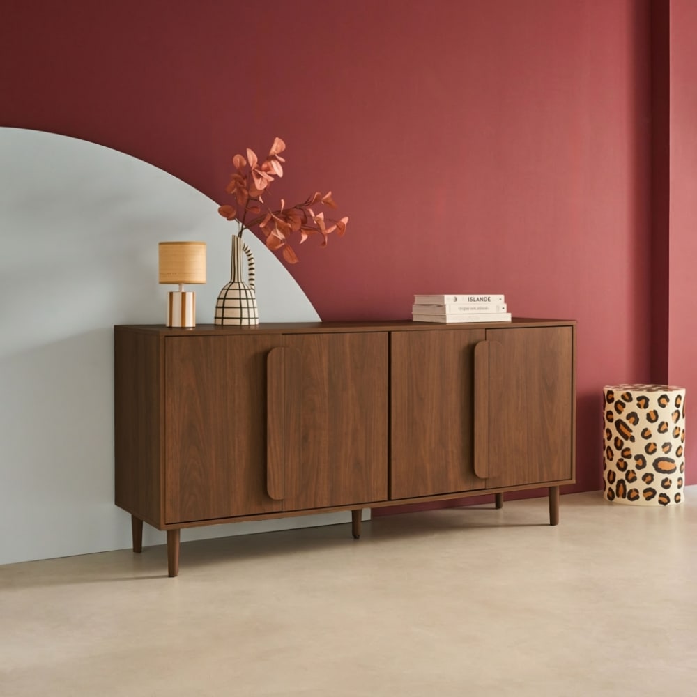 sweeek Vintage-Sideboard mit Nussbaumlook mit 4 Türen 160 cm style vintage Braun Spanplatte