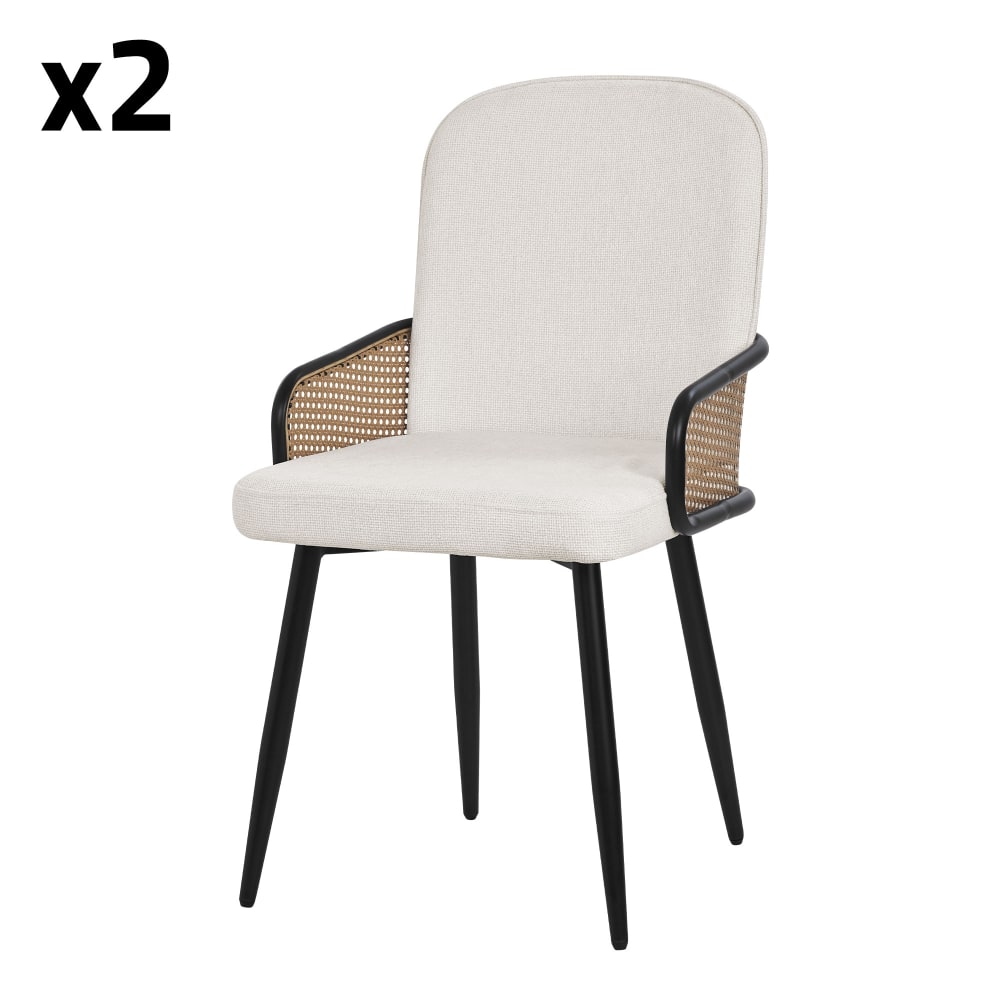 ML-Design Esszimmerstühle 2er Set Beige mit Stoffbezug & Rattan Optik-Armlehnen Beige Pes - Polyester