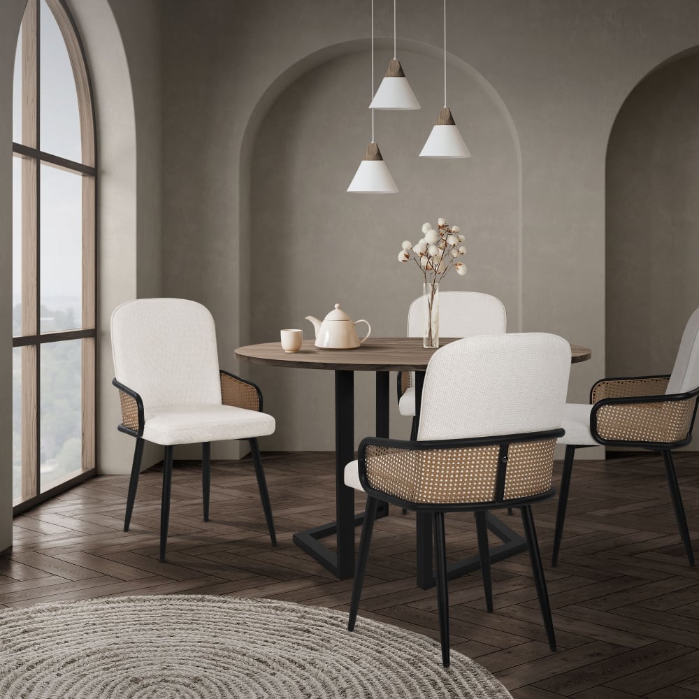 Esszimmerstühle 2er Set Beige mit Stoffbezug & Rattan