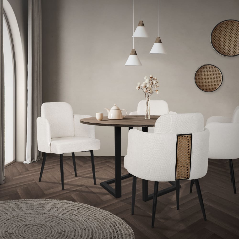 Esszimmerstuhl Beige mit Stoffbezug, Rückenlehne, Rattan-Optik -