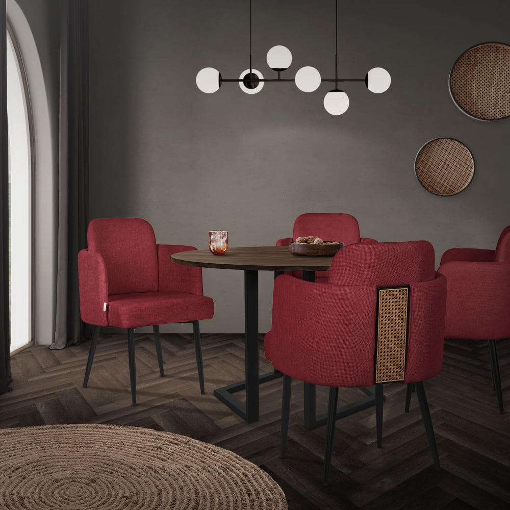 Esszimmerstühle 4er Set Rot Stoffbezug Rückenlehne Rattan-Optik -