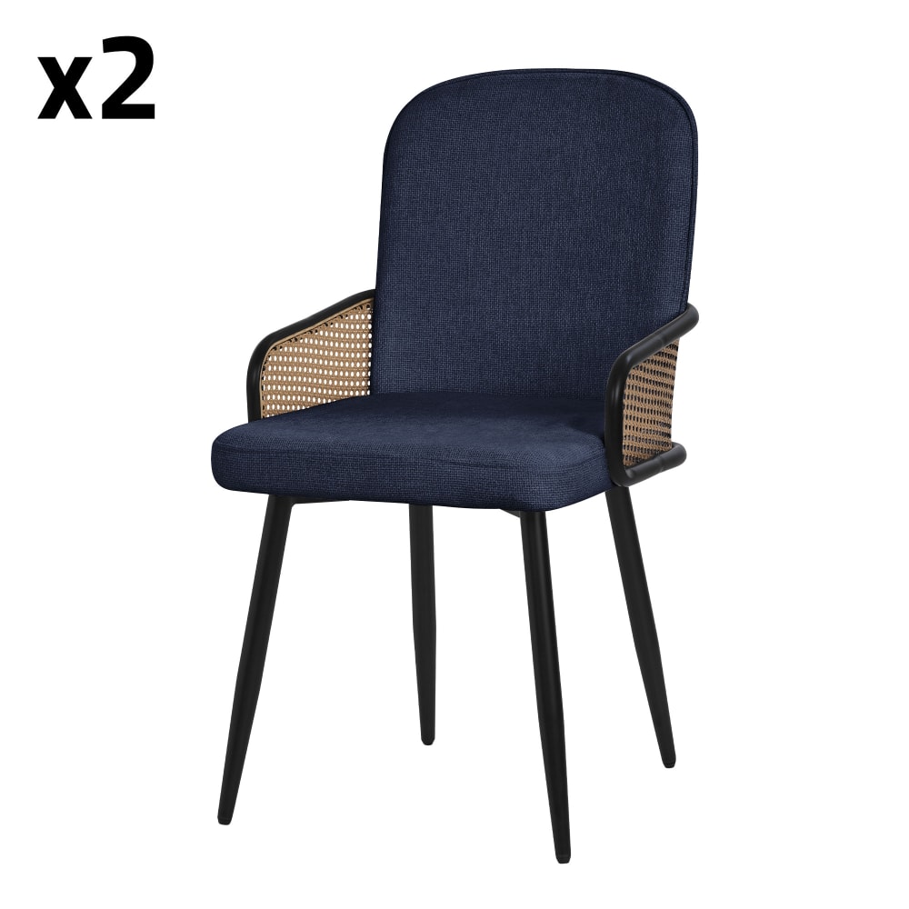 ML-Design Esszimmerstühle 2er Set Dunkelblau mit Stoffbezug & Rattan-Armlehnen - Pes - Polyester