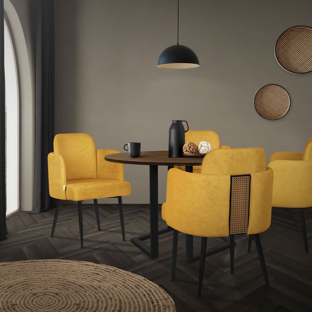 Esszimmerstühle 2er Set Senf Stoffbezug Rückenlehne Rattan-Optik