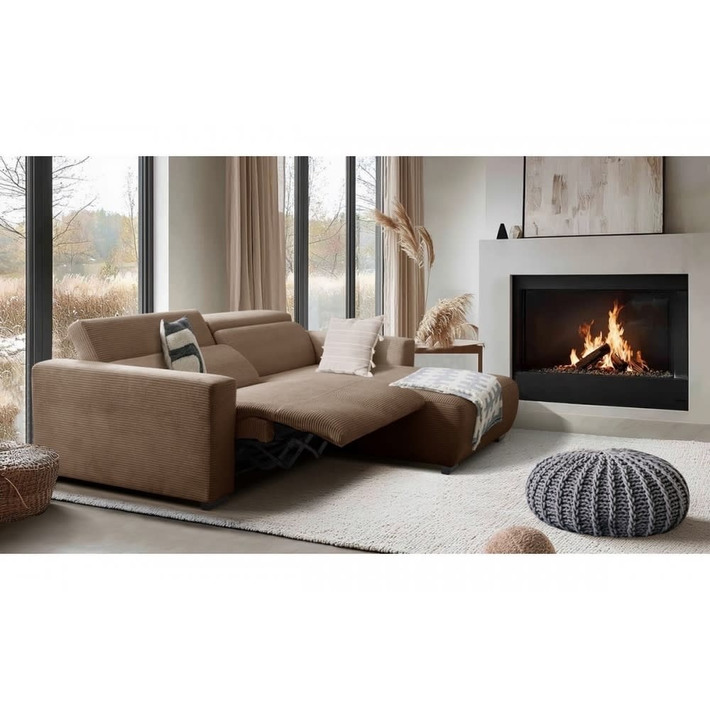 Canapé d'angle droit  1 relax électrique velours cotelé marron