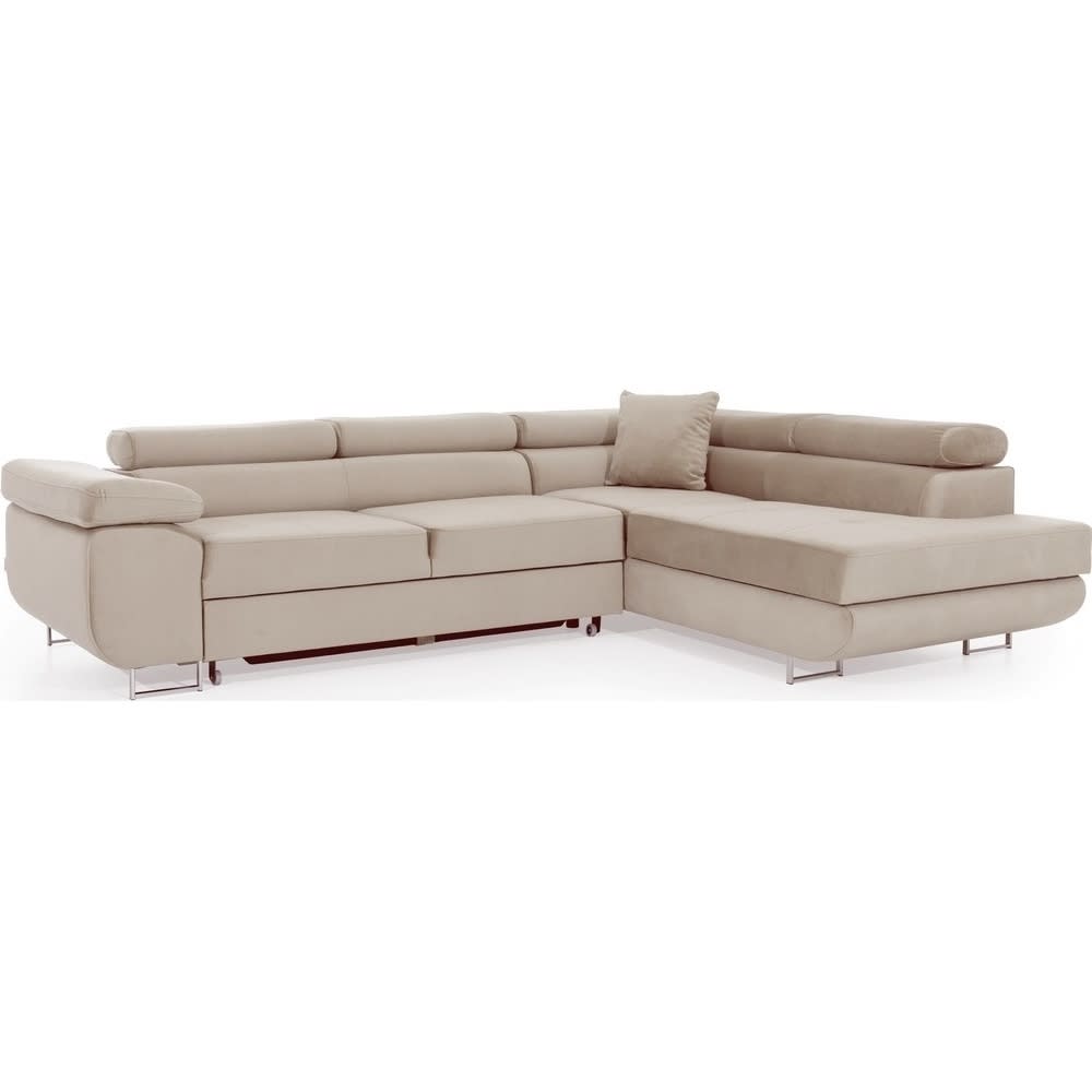 Canapé d'angle droit convertible  VELOURS luxe 5 places coffre beige