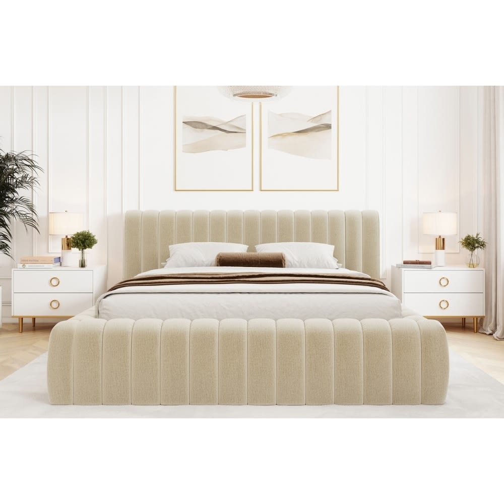 Lit double VELOURS luxe capitonné, coffre beige clair, 140x200