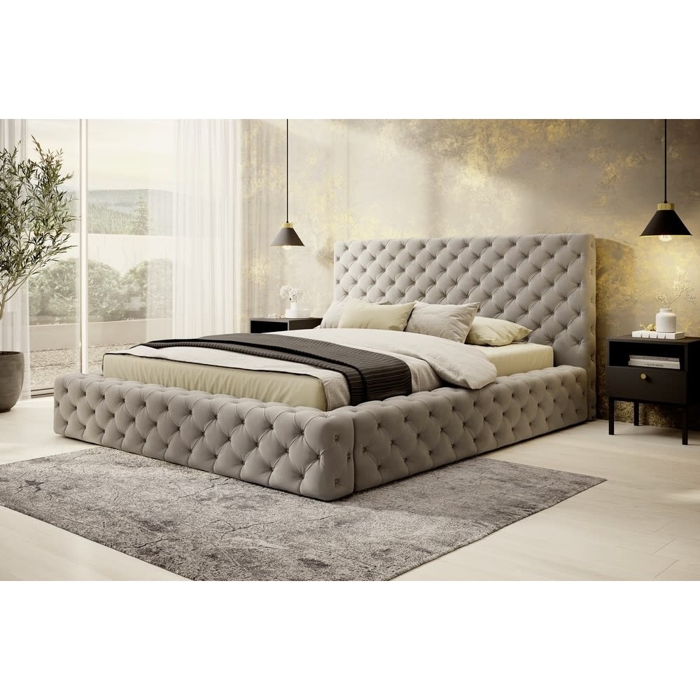 Lit 140x200 capitonné en velours luxe avec coffre, beige,