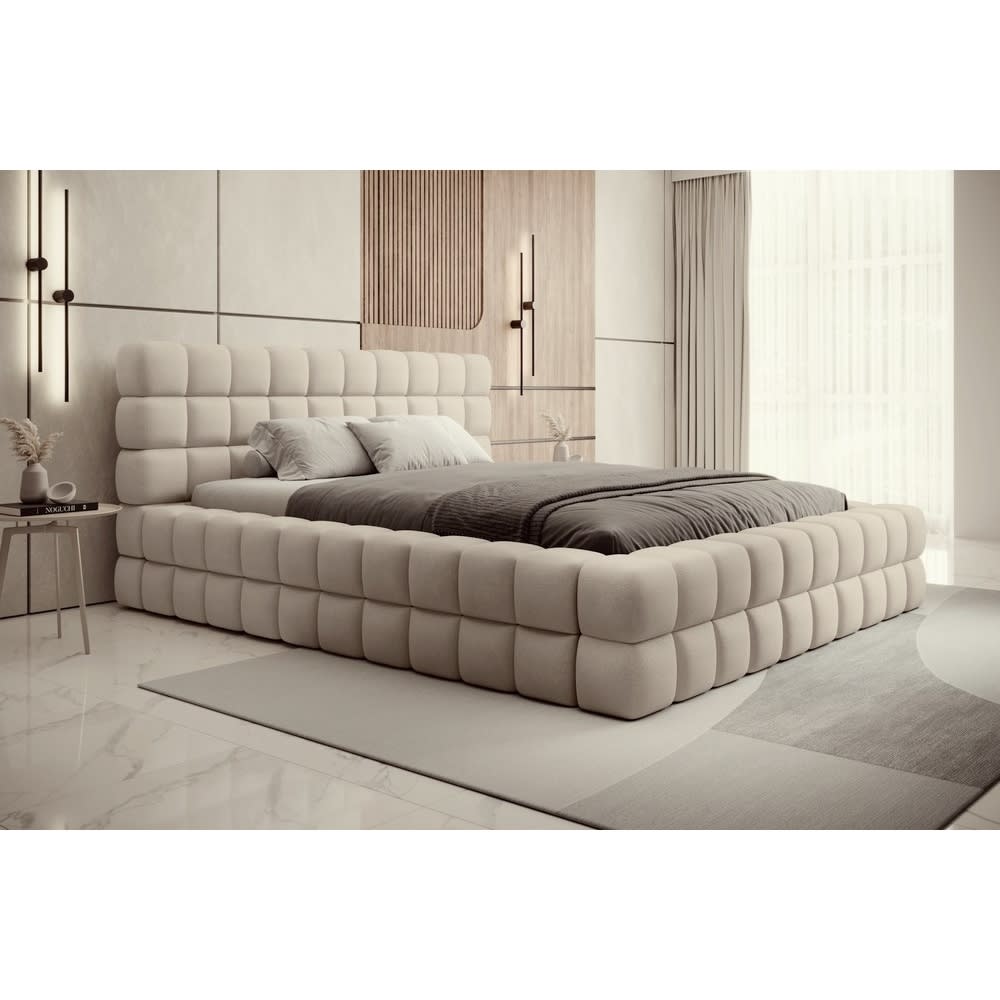 Lit double avec coffre  VELOURS luxe capitonné, beige, 140x200