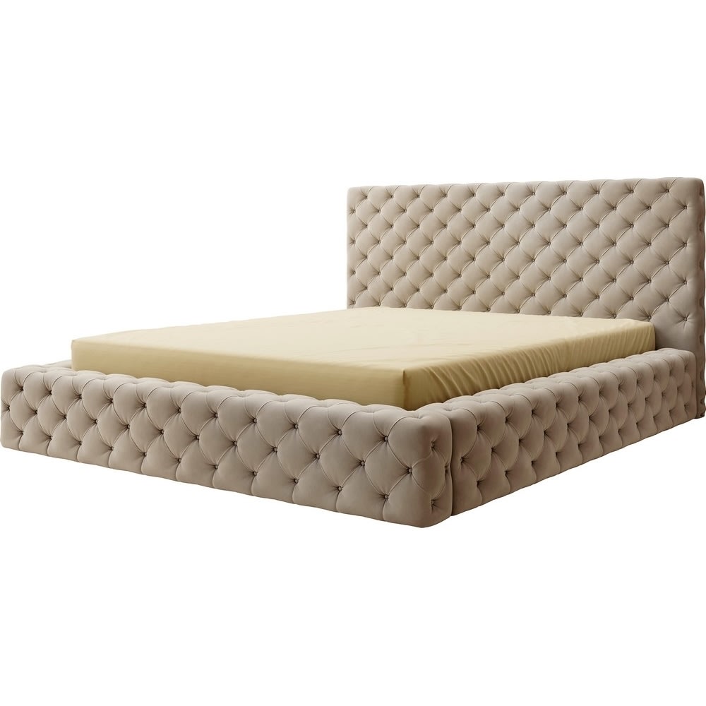 Lit 160x200 capitonné en velours luxe avec coffre, beige,