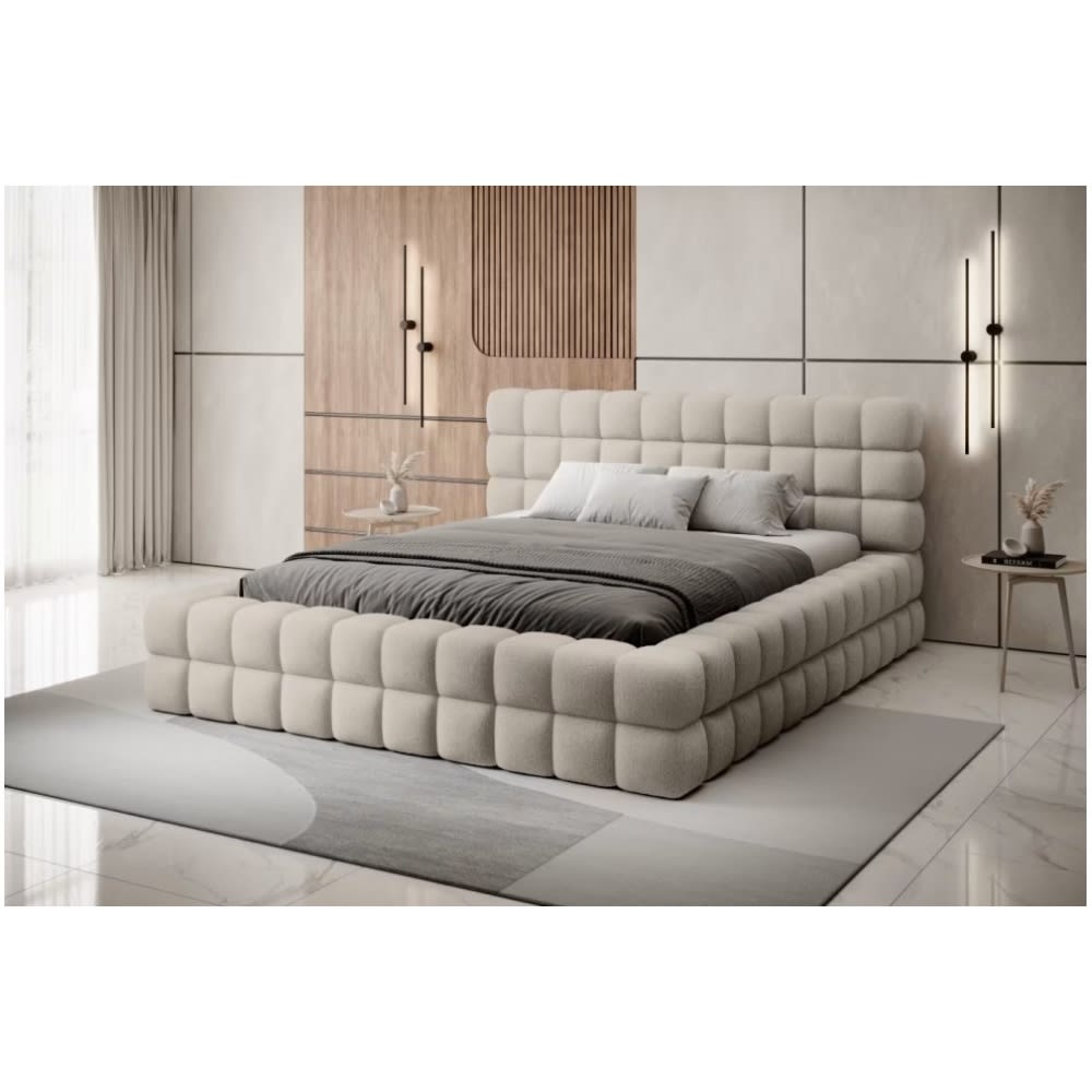Lit double avec coffre  tissu bouclettes capitonné beige 160x200
