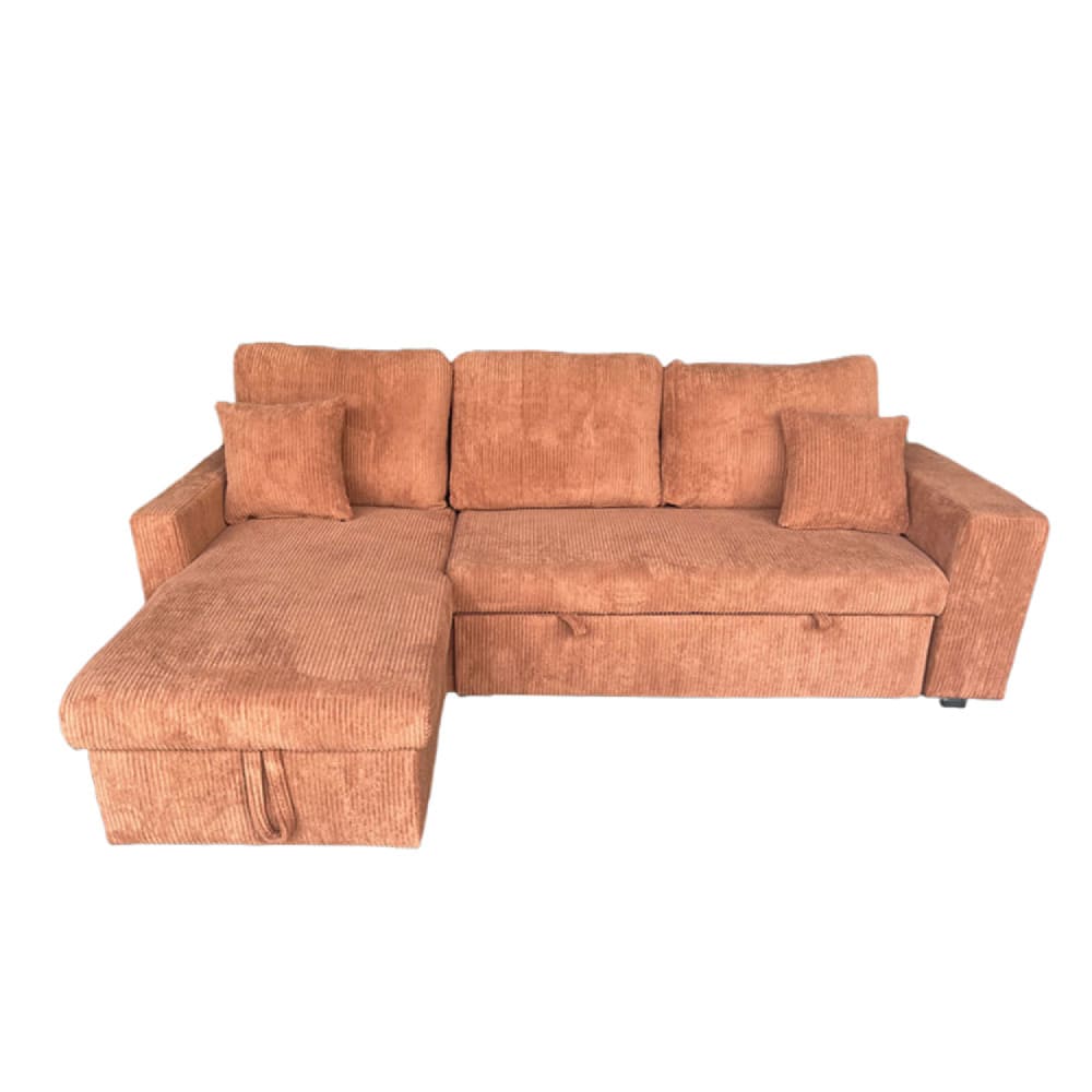 Canapé d'angle convertible 4 places coffre velours côtelé terracotta