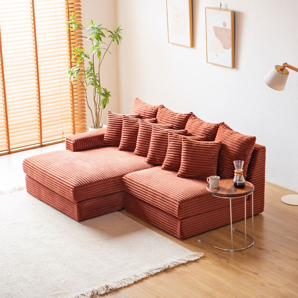 Canapé d'angle 2-3 places assise profonde en velours côtelé terracotta