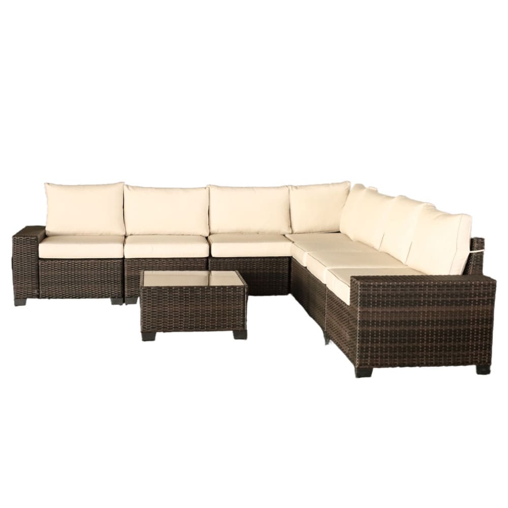 Salon de jardin d'angle 7 places en résine tressée avec table marron e