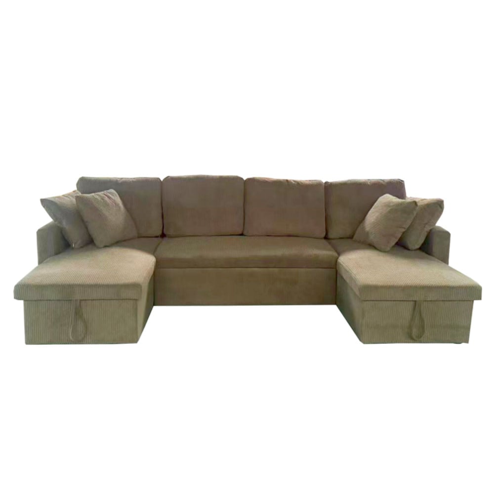 Panorama-Schlafsofa mit Stauraum für 4 Personen aus grünem Cord -