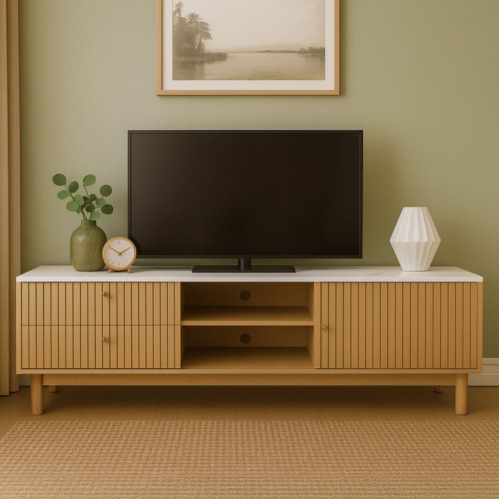 Meuble TV aspect bois rainuré et blanc avec tiroirs et placard 150cm