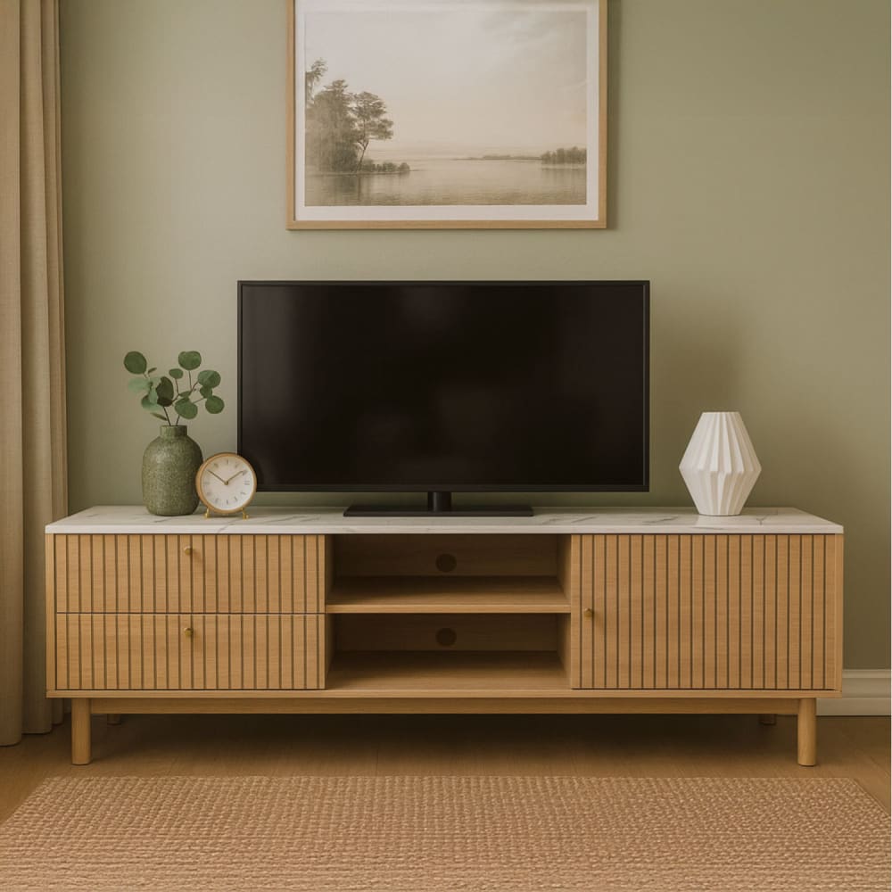 Meuble TV aspect bois rainuré et marbre avec tiroirs et placard 150cm