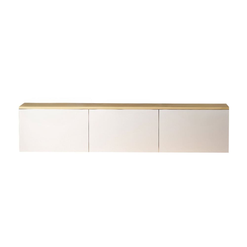 Meuble tv led suspendu avec placards blanc et plateau bois 160cm Meuble tv led suspendu avec placards blanc et plateau bois 160cm