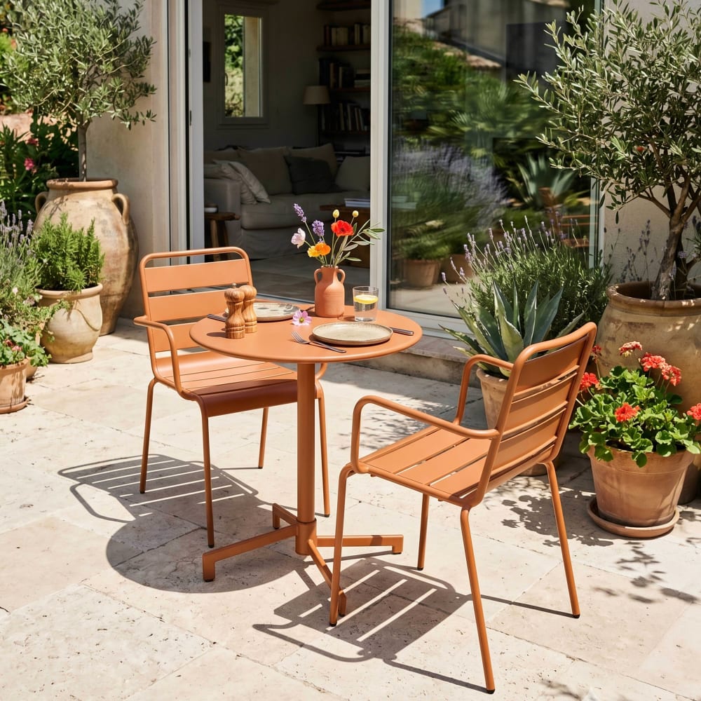 Set aus karamellfarbenem Metall-Gartentisch und 2 Sesseln -