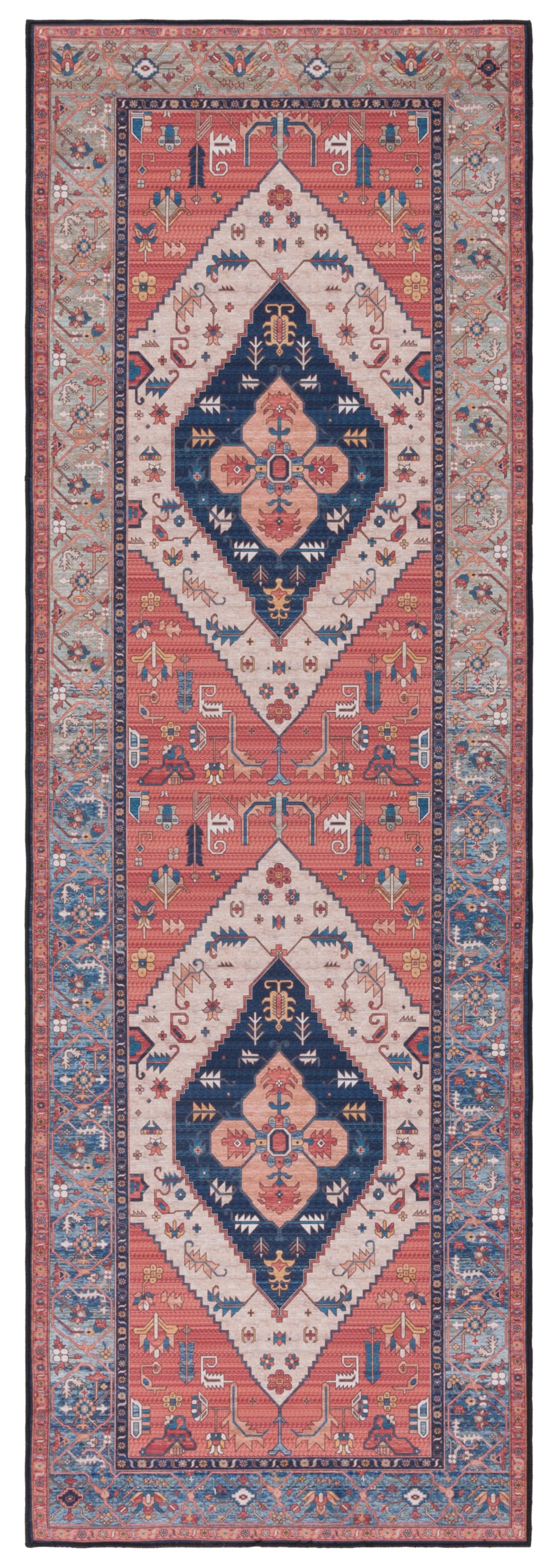Tapis traditionnel en polyester orange/bleu, 76 x 366 cm