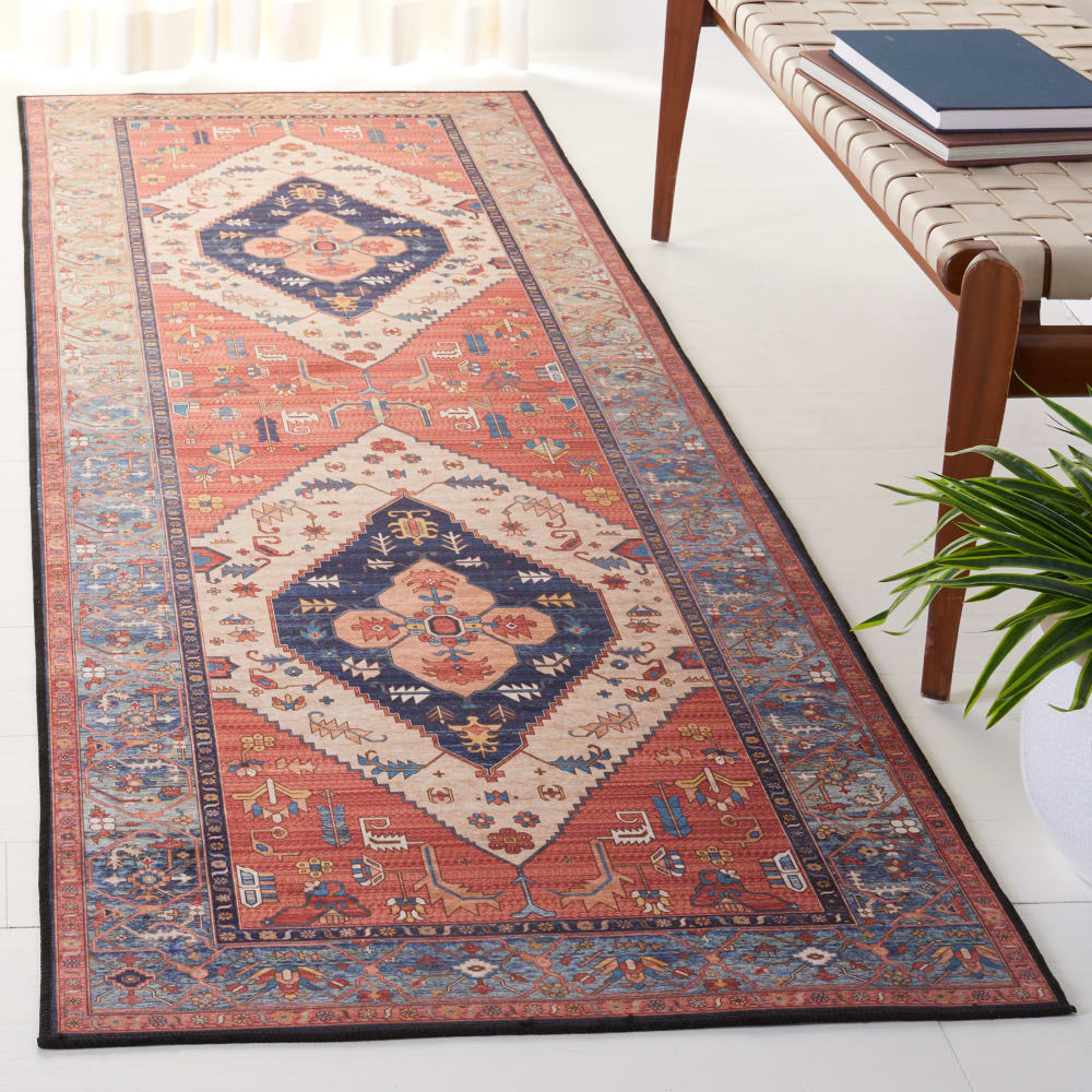 Tapis traditionnel en polyester orange/bleu, 76 x 366 cm — vue 3