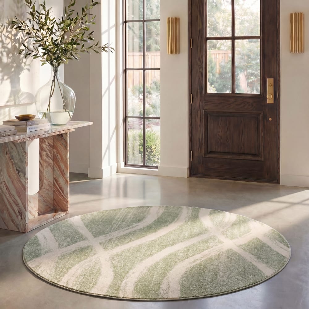Tapis vague moderne en détresse en polypropylène vert/beige, 183 cm — vue 3