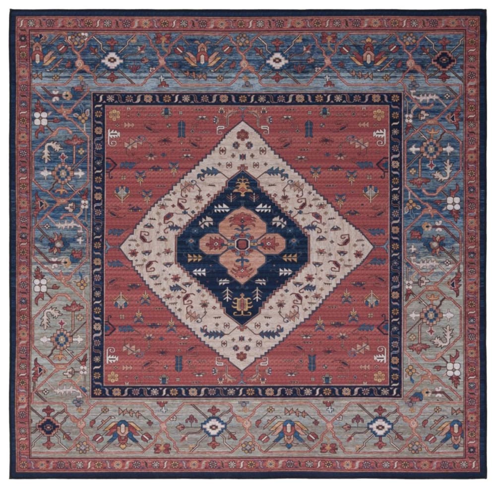 Tapis traditionnel en polyester orange/bleu, 91 x 91 cm