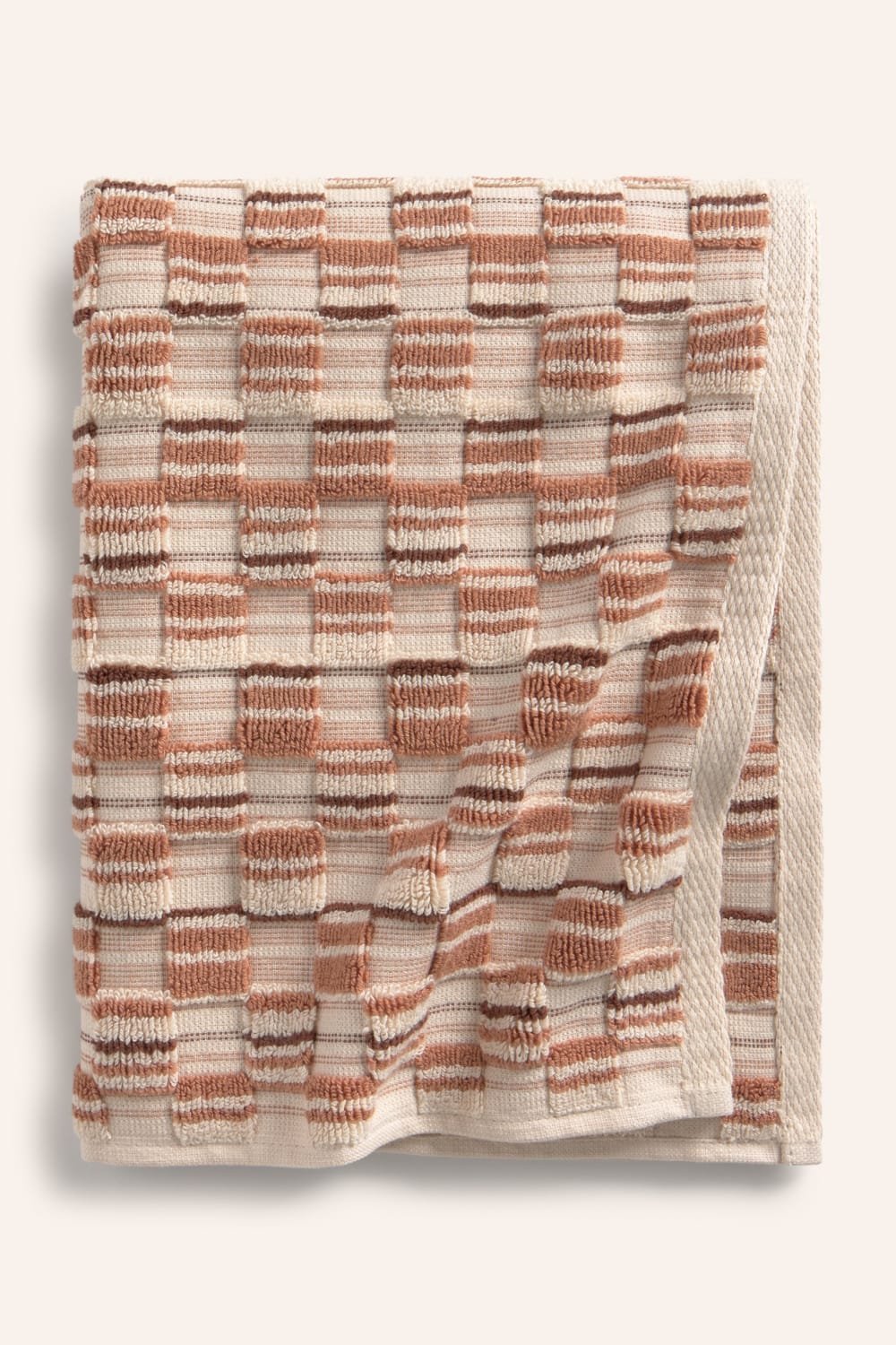 CALMA HOUSE Badetuch 560 Gramm aus Frottee-Baumwolle, Jacquard-gewebt, in Erdfarbe und Beige. Kupfer