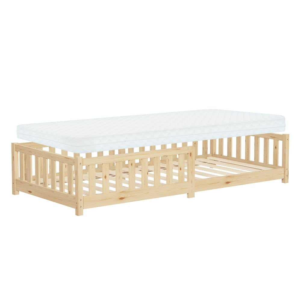 Lit enfant 90x200 cm pin massif beige avec matelas H 10cm et antichute