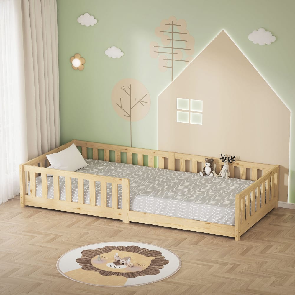Kinderbett 90x200 cm Natur mit Matratze 10cm Lattenrost