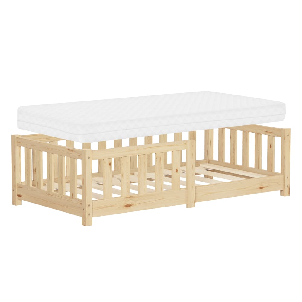 Lit au sol enfant 70x140 cm pin massif beige avec matelas et antichute