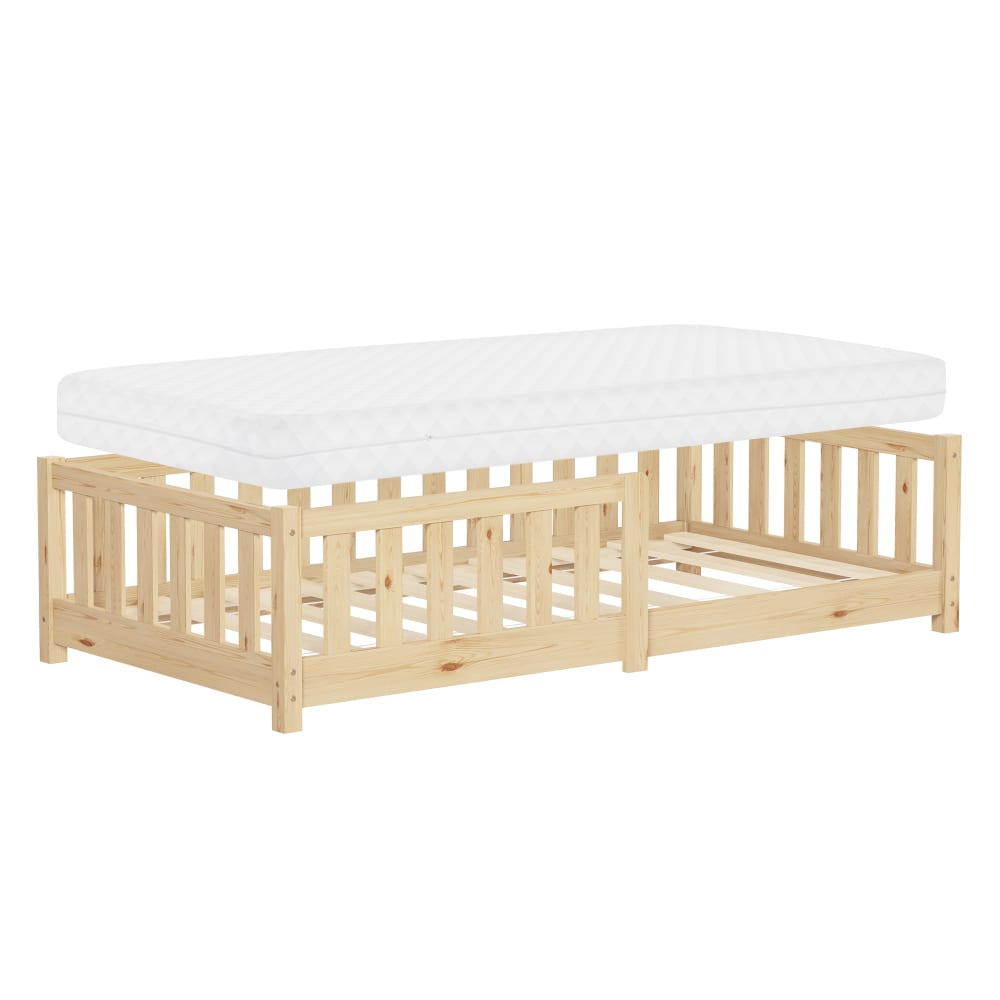 Lit au sol enfant 80x160 cm pin massif beige avec matelas et antichute