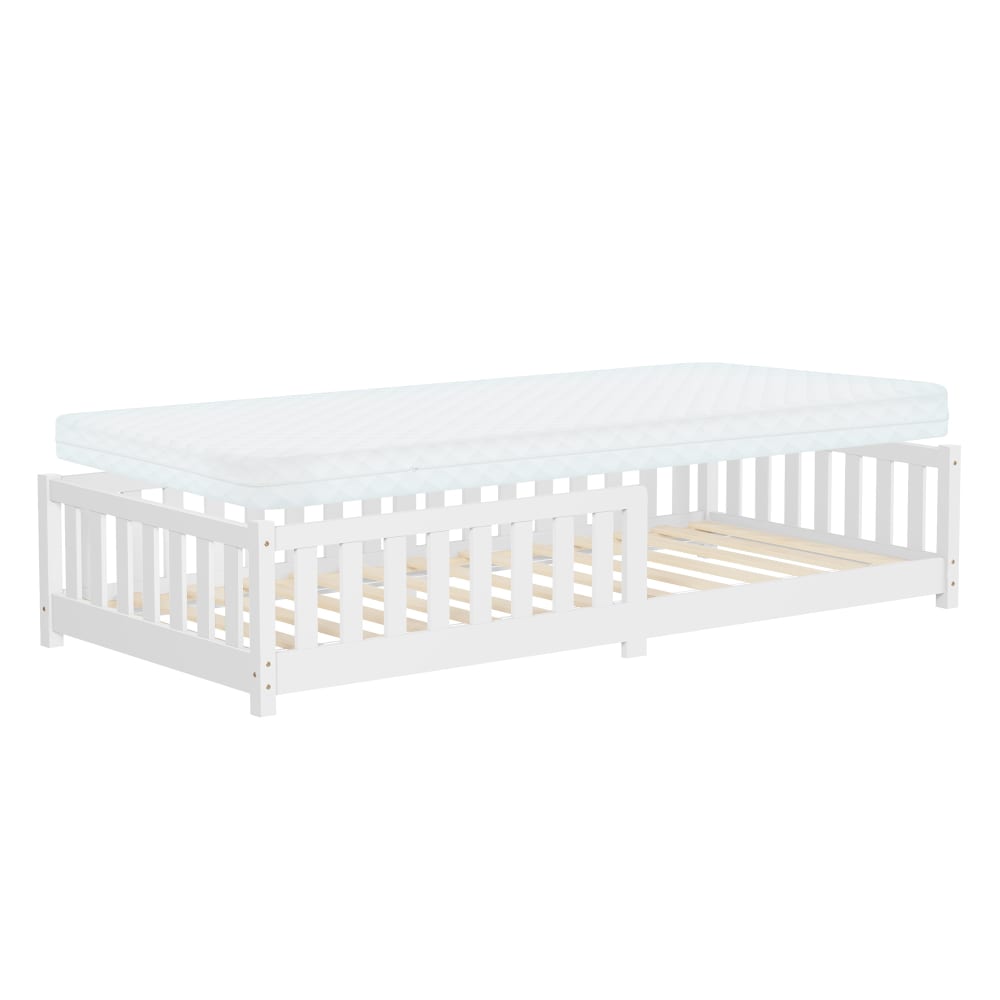 Lit enfant 90x200 cm pin massif blanc avec matelas H 10cm et antichute