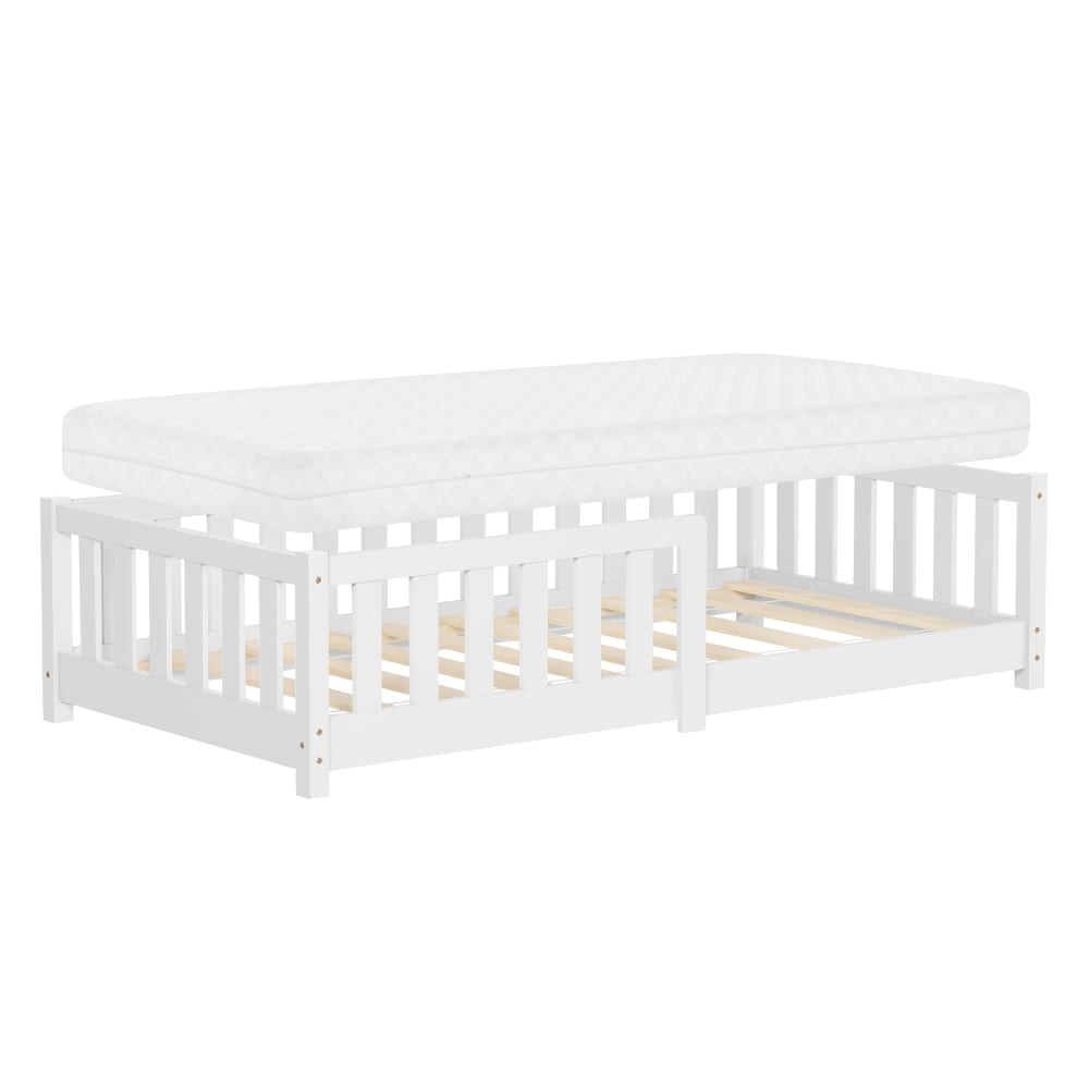 Lit au sol enfant 80x160 cm pin massif blanc avec matelas et antichute