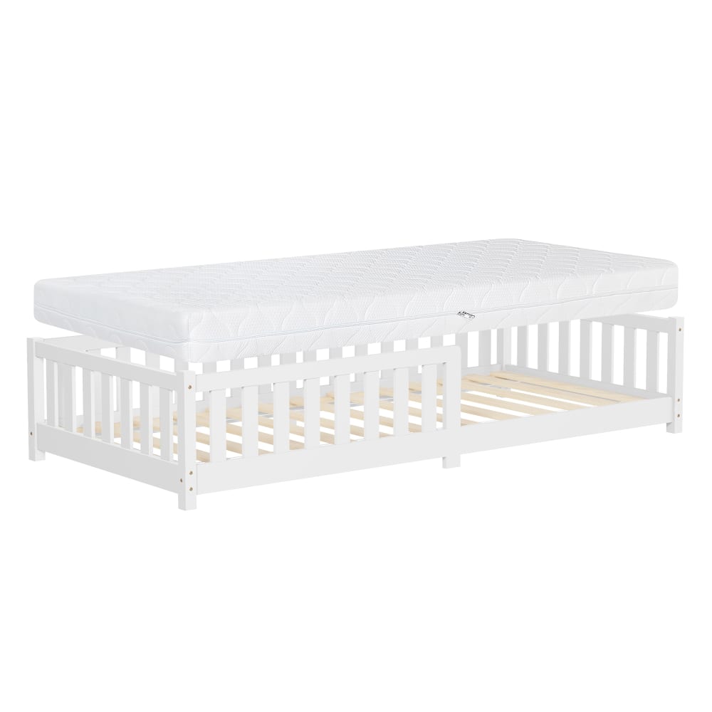 Lit enfant 90x200 cm pin massif blanc avec matelas H 16cm et antichute