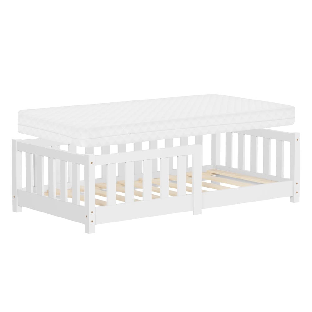 Lit au sol enfant 70x140 cm pin massif blanc avec matelas et antichute