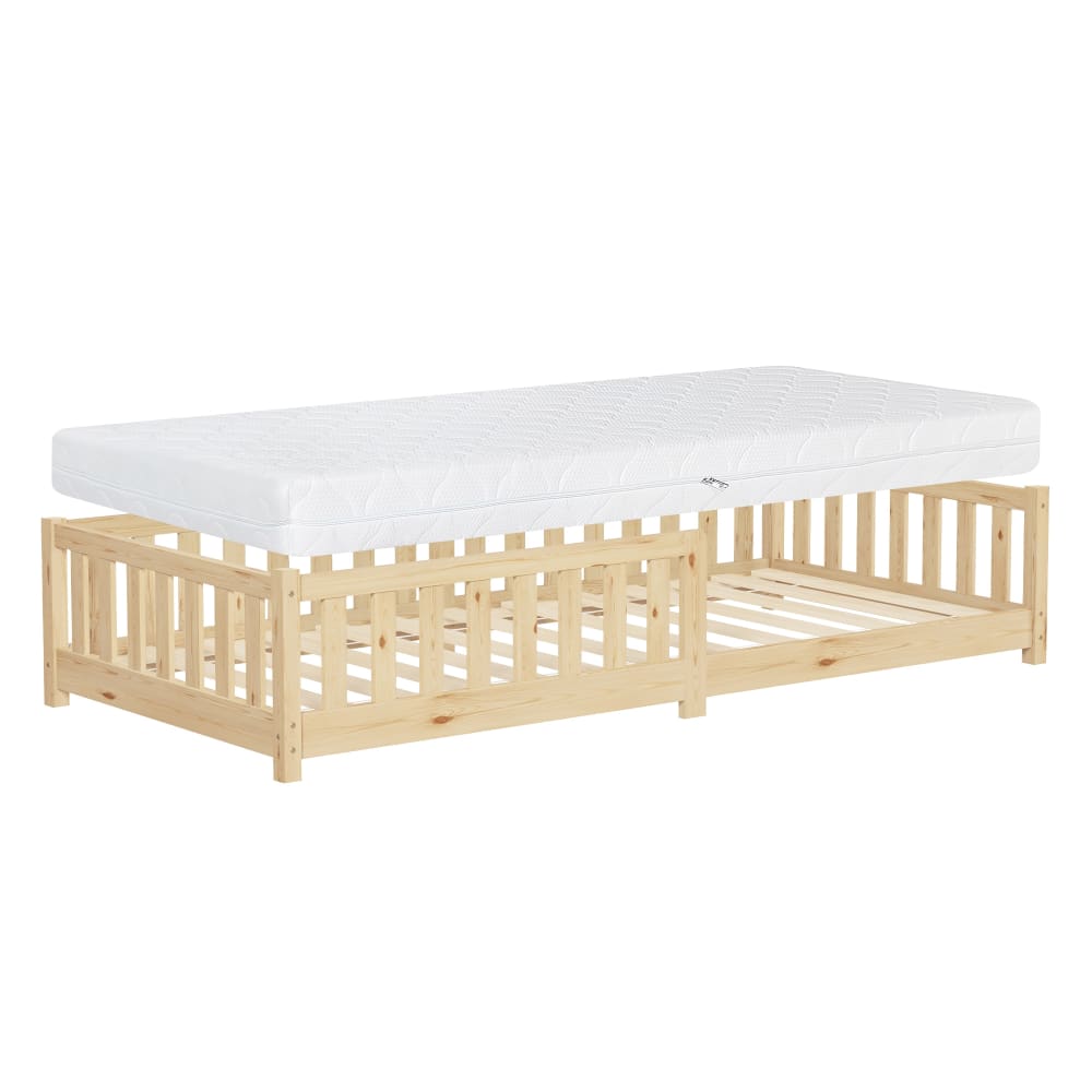 Lit enfant 90x200 cm pin massif beige avec matelas H 16cm et antichute