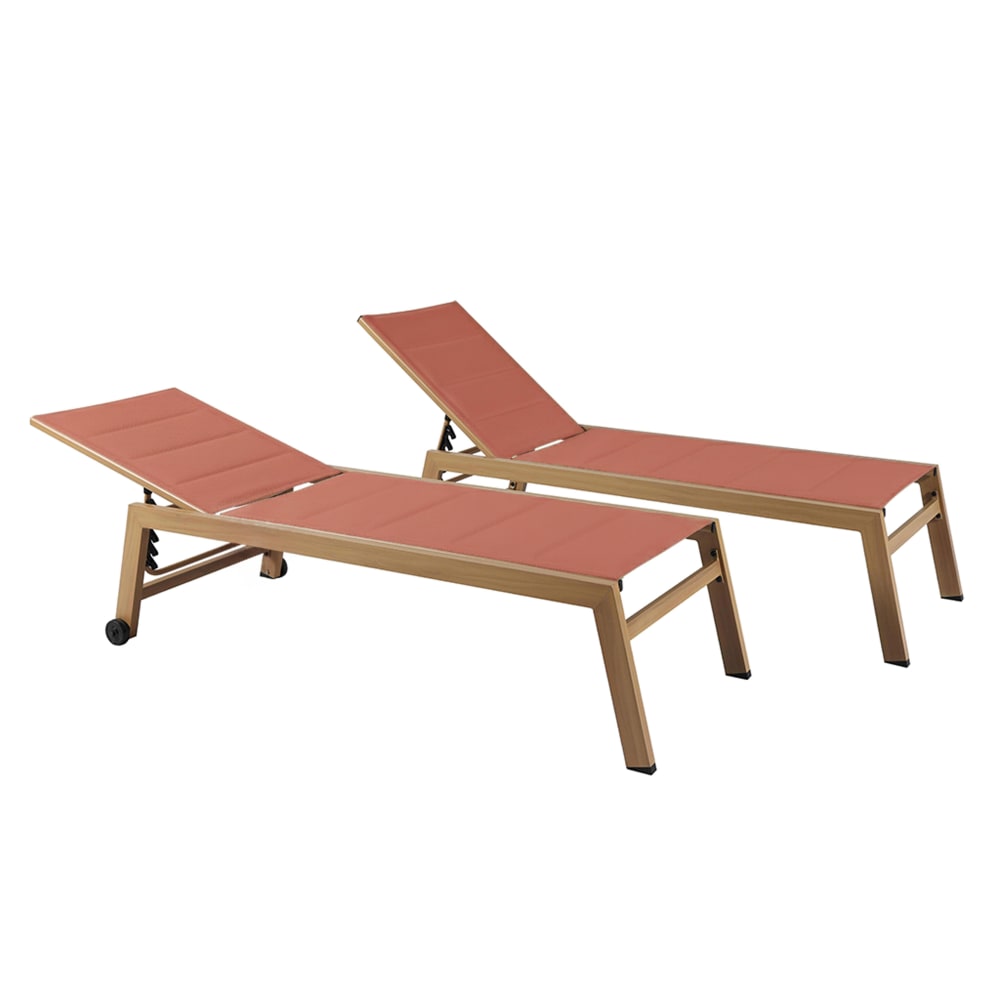 Lot de 2 bains de soleil effet bois inclinable avec roues terracotta