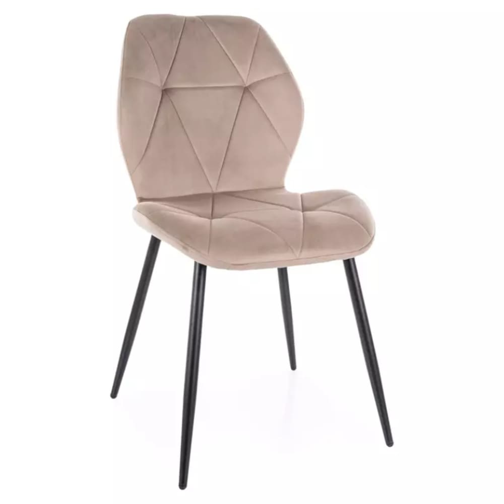 Chaise en velours beige, pieds noir, dossier matelassé 48x47x86cm