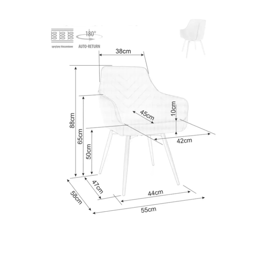 Chaise pivotante en velours noir et retour auto ressorts 55x50x88cm
