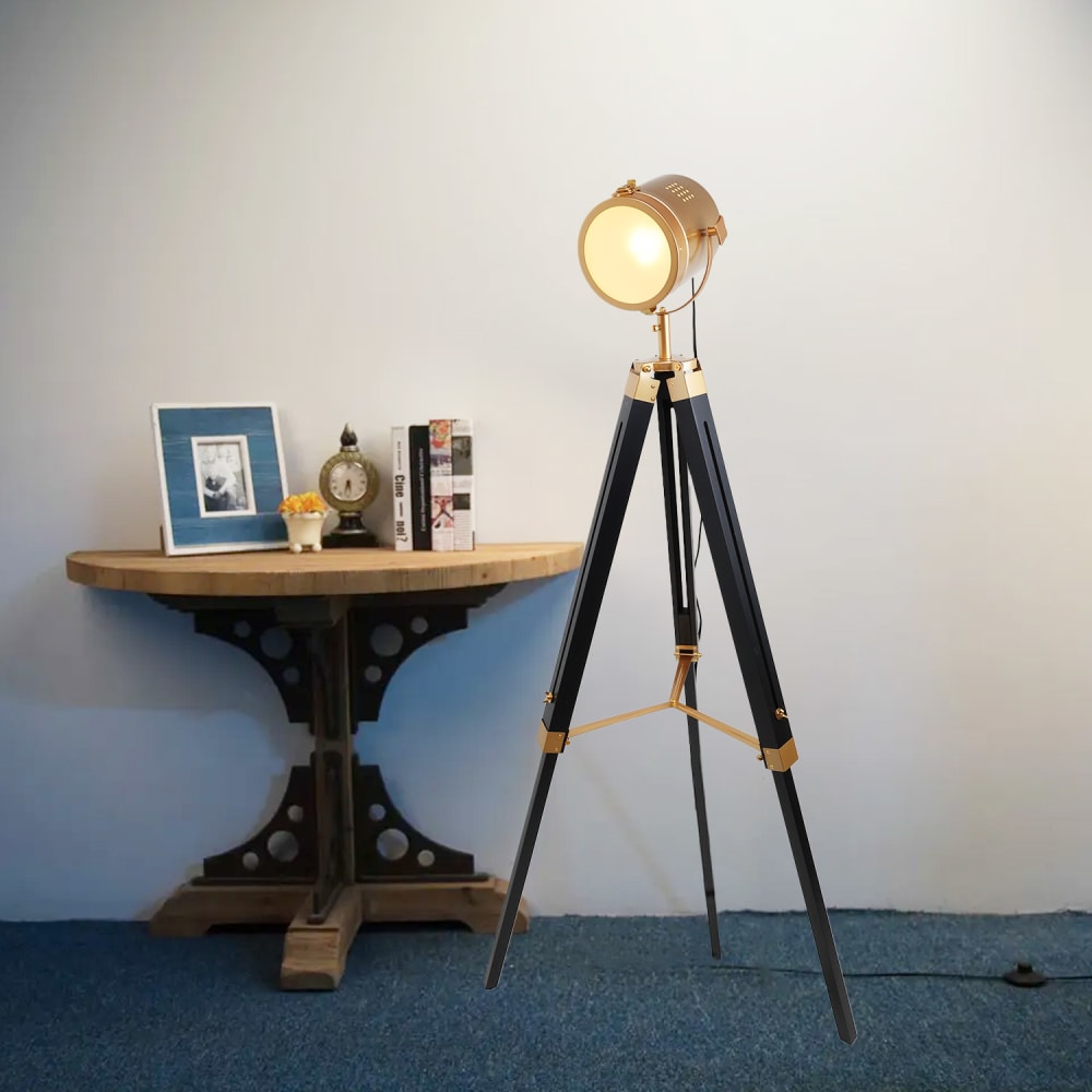 Lampadaire trépied en bois naturel réglable doré H140cm