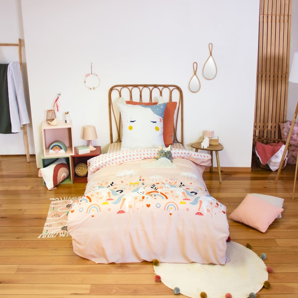 Parure de lit enfant licorne avec poche pour doudou polyester rose 200